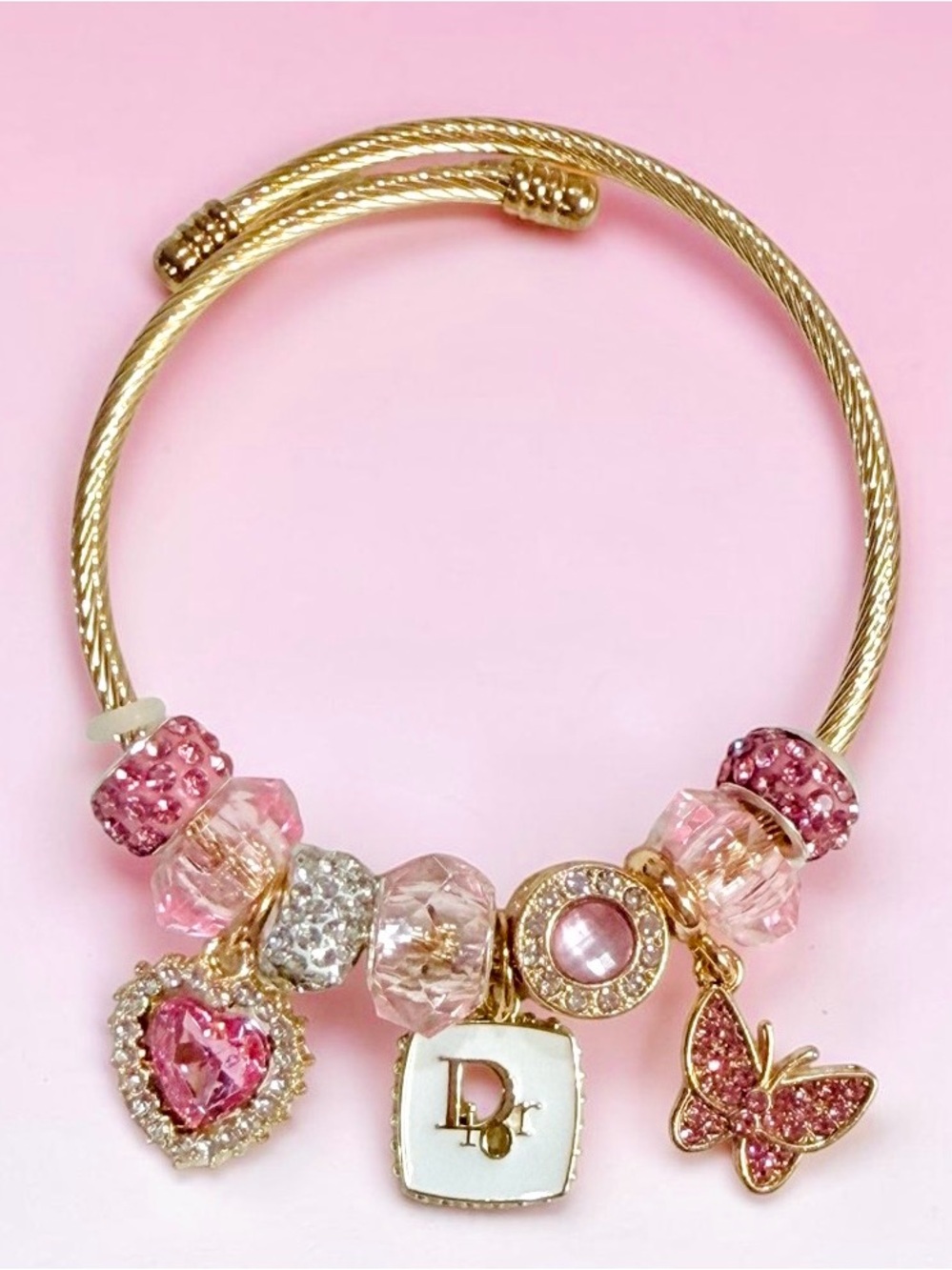 Pink Crystal Heart Butterfly Stainless Steel Adjustable Wrap Charm Bracelet